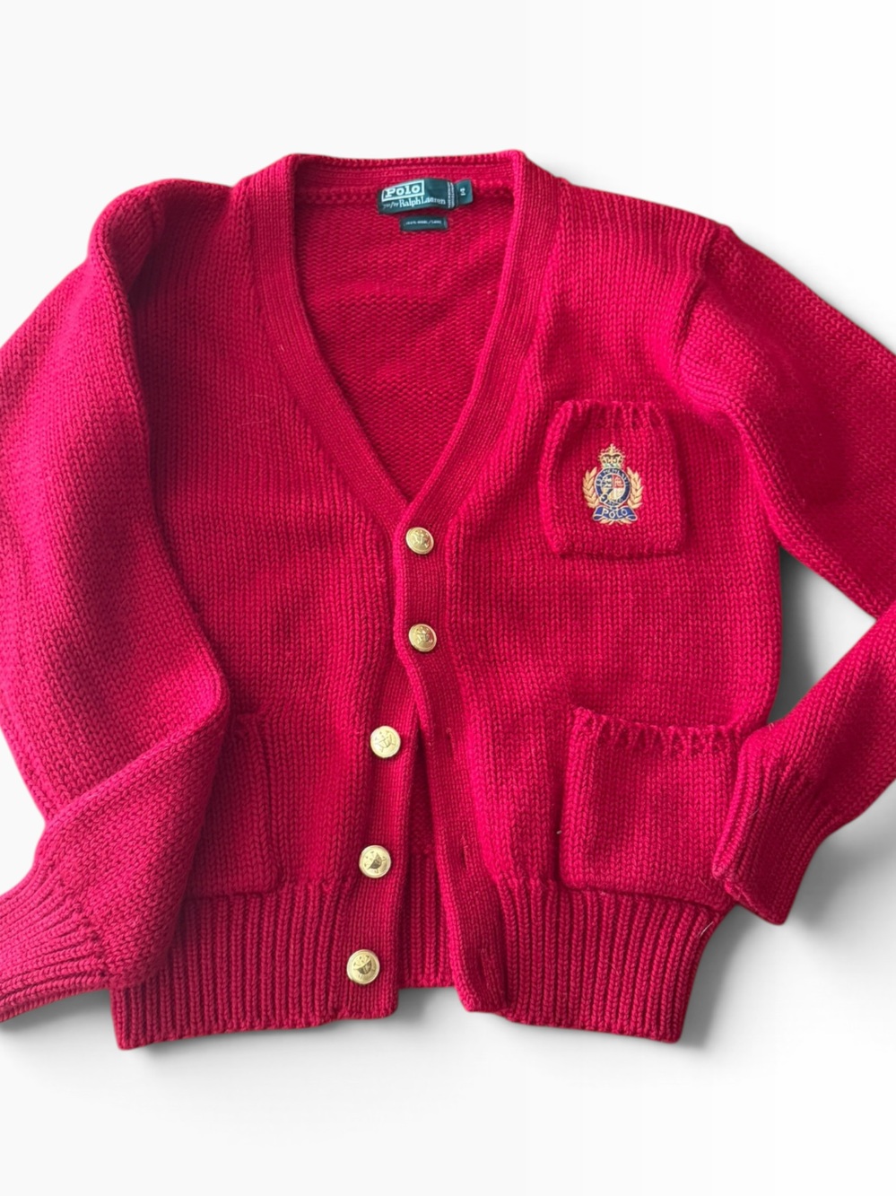 Vintage Polo by Ralph Lauren red wool Cardigan with Crest